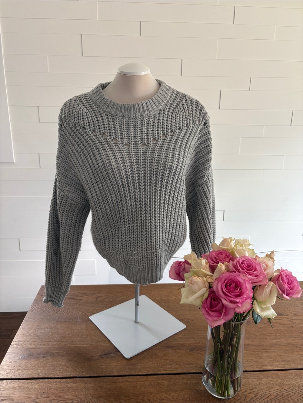 S Elodie Classic Grey Waffle-Knit Crewneck Sweater - Women